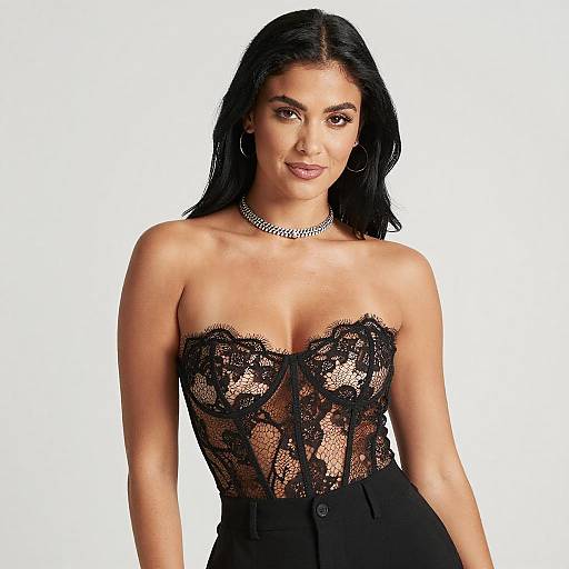 Confident Woman in Black Lace Top