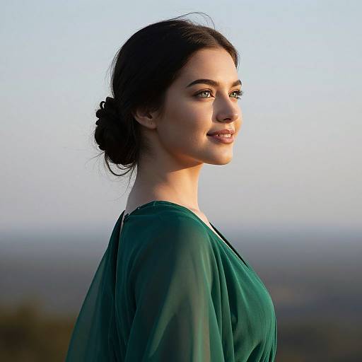 Photograph of a smiling woman with fair skin, dark brown hair in a bun, wearing a green, sheer blouse, against a blurred, twilight sky