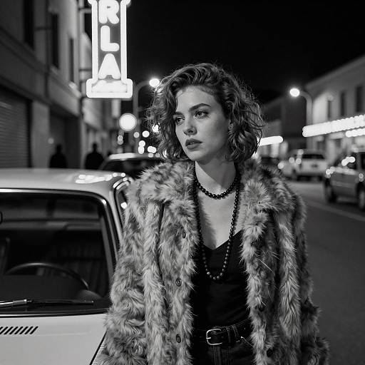 Elegant Woman by Classic Car at Night