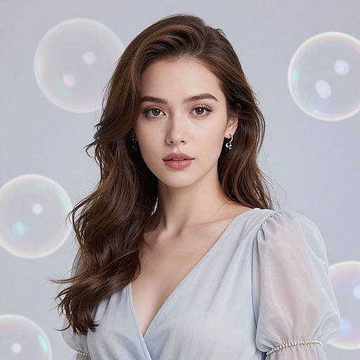 Photograph of a young woman with fair skin, long wavy brown hair, wearing a light blue V-neck blouse, against a light blue background with