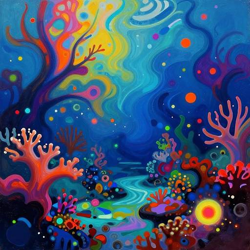 Vibrant abstract painting of a colorful underwater scene with swirling blue and yellow hues, red and orange coral, and a glowing sun-like orb. Dynamic