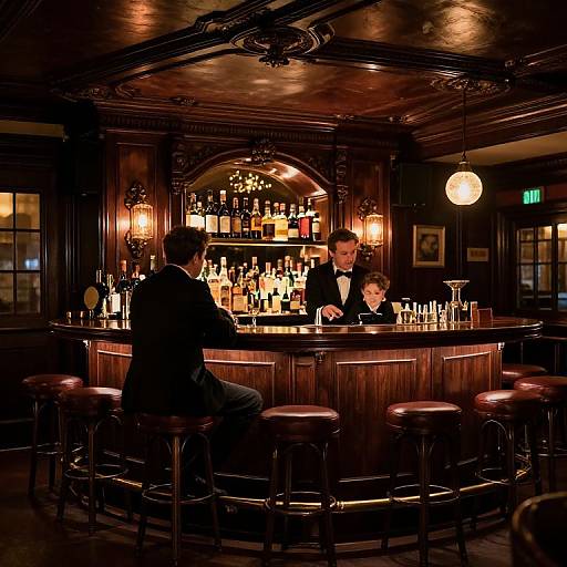 Photograph of two suited men at a dimly lit, ornate wooden bar with a reflective mirror and illuminated bottle display.