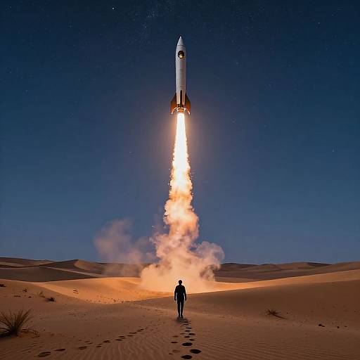 Lone Traveler Under Rocket-lit Sky