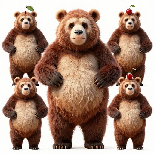 Photorealistic CGI image of five brown bears, varying sizes, with three holding cherries; central bear largest, others smaller and flanking.