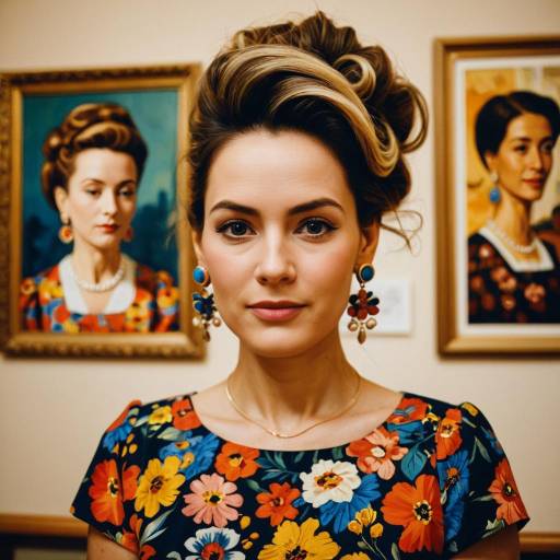 Woman in Floral Dress with Artistic Portraits