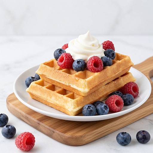 Photograph of stacked golden waffles topped with blueberries, raspberries, and whipped cream, on a white plate with a wooden board background.