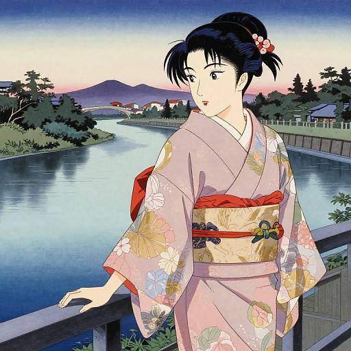 Anime-style drawing of a Japanese woman in a floral kimono, standing by a river at sunset, mountains and houses in background.