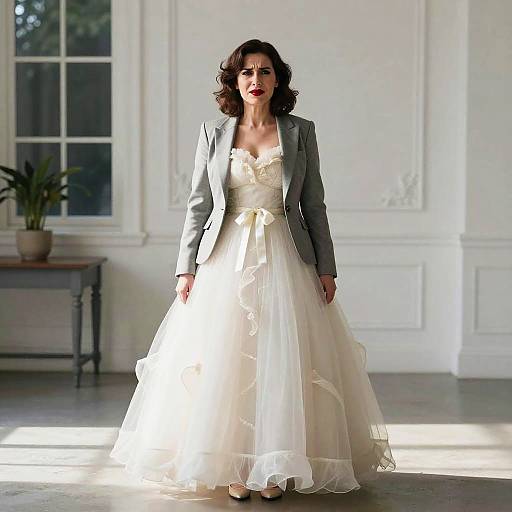 Photograph of a stylish woman with dark curly hair, wearing a white wedding dress with a gray blazer, standing in a bright, elegant room with
