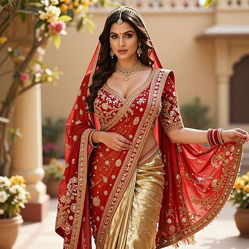 Photograph of an Indian woman in a red and gold embroidered saree with a matching veil, adorned with jewelry, standing in a sunlit courtyard.