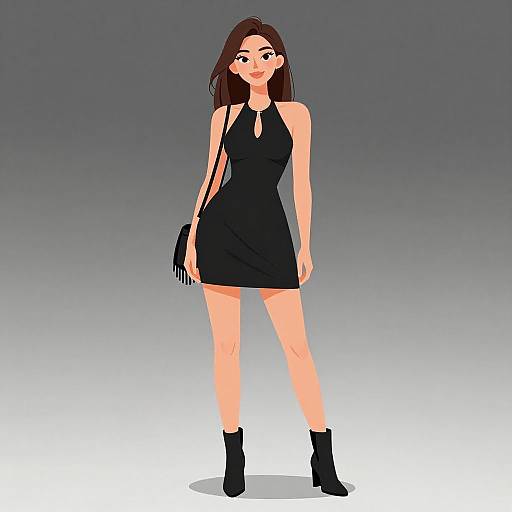 Digital drawing of a slim, fair-skinned woman with long brown hair, wearing a black halter dress, black ankle boots, and a fringe shoulder