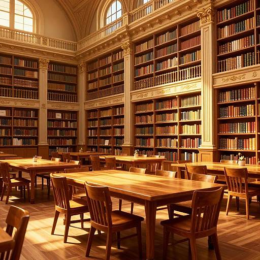 Photograph of a grand, sunlit library room with tall, arched windows, wooden tables, and chairs, surrounded by tall, filled booksh