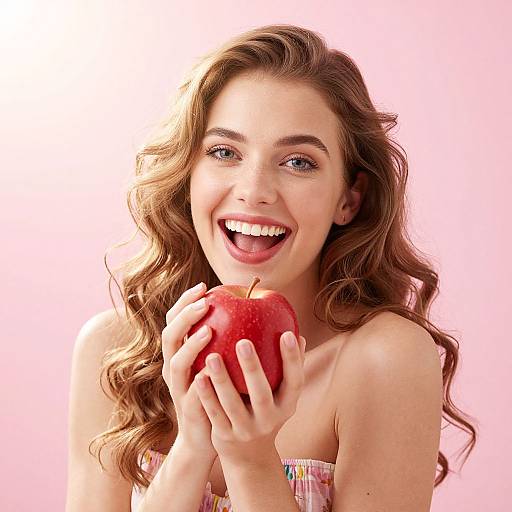 Photograph of a smiling young woman with wavy brown hair, holding a red apple against a pink background, wearing a strapless, multicolored