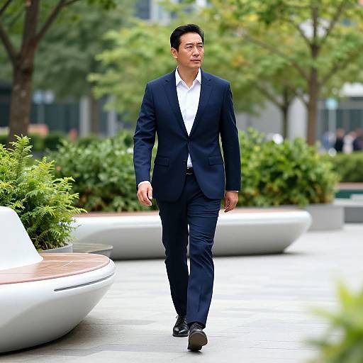 Photograph of a confident Asian man in a dark navy suit with a white shirt, walking outdoors on a sunny day, surrounded by greenery and modern