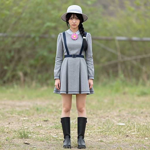 Photograph of an Asian woman with black hair in a braid, wearing a white hat, gray checkered dress, black suspenders, pink necklace