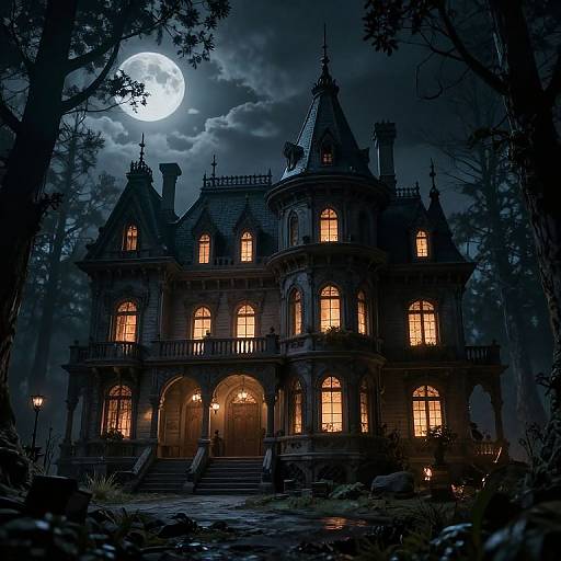 A spooky, gothic-style mansion with glowing windows under a full moon in a dark, eerie forest. Digital artwork with detailed textures and shadows.