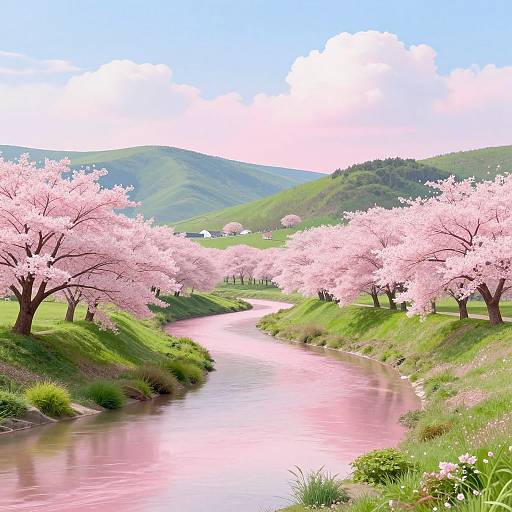 Photograph of a serene pink-tinged river flanked by blooming cherry trees, lush green hills, and a bright blue sky with fluffy clouds