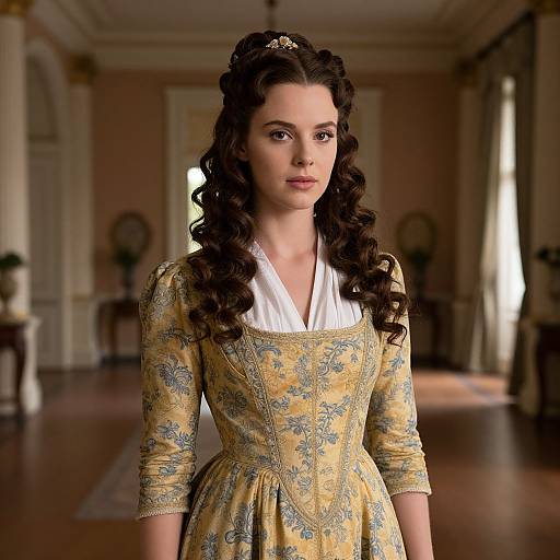 Photograph of a young woman with curly brown hair, wearing a yellow floral dress with white blouse, standing in an elegant, dimly-lit room