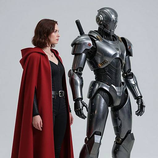 Photograph of a woman in a red cloak standing beside a shiny, futuristic robotic warrior, both facing forward against a white background.