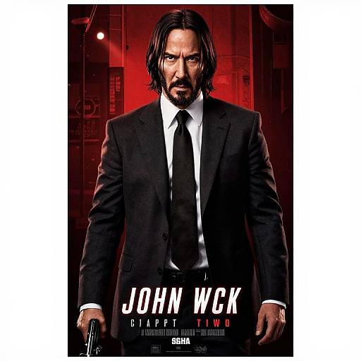 Movie poster of John Wick, starring Keanu Reeves, in a black suit with a stern expression, red-tinted background, and 