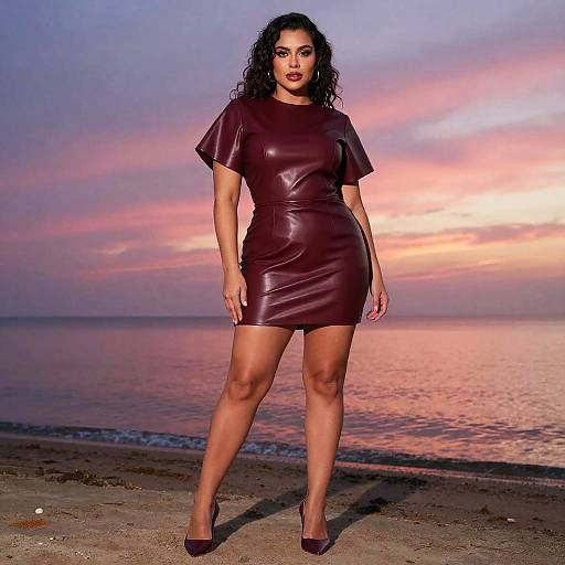 Photograph of a curvy, dark-haired woman in a tight, brown leather mini-dress and heels standing on a beach at sunset, with a