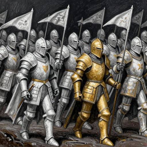 Digital painting of a golden knight surrounded by silver-armored soldiers, holding flags, with a dark, ominous background. Standout knight leads the formation.