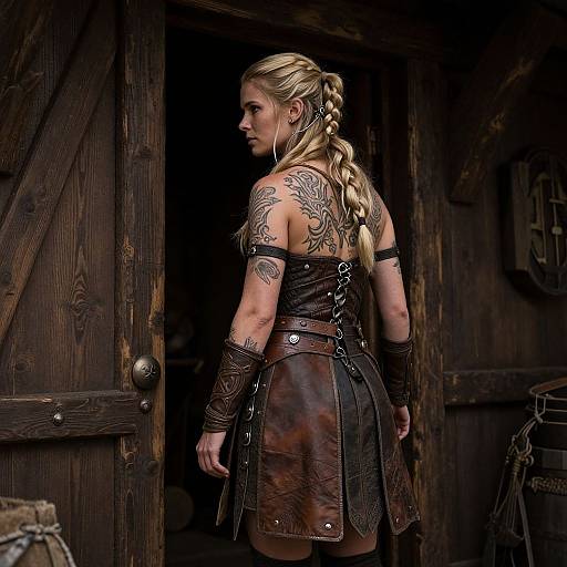 Photograph of a blonde woman with braided hair, wearing intricate black leather armor with tattoos, standing in a dark wooden door.