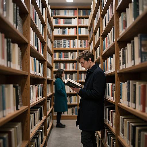 Photograph of a man in a black coat reading a book in a narrow, wooden-shelved library aisle, with another person blurred in the background