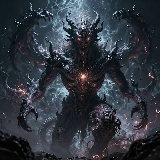 Digital artwork of a dark, monstrous figure with glowing red eyes, jagged horns, and electric blue lightning surrounding it, featuring Japanese kanji symbols on