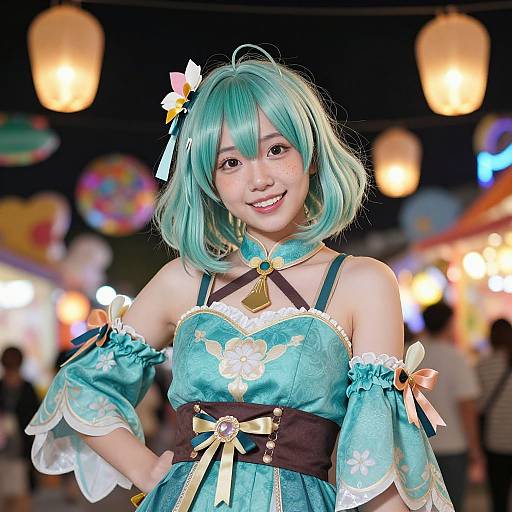Photograph of a smiling Asian woman with teal hair in a teal, off-shoulder, floral cosplay dress, at a colorful, lantern-lit
