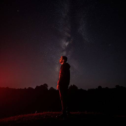 Photograph of a silhouetted person gazing at a starry night sky with the Milky Way visible, illuminated by red light. Dark landscape
