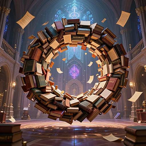 Digital art of a dynamic, circular formation of floating books with glowing pages in a grand, gothic cathedral. Background features illuminated stained glass and intricate arch