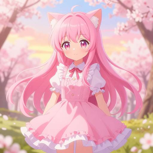 Anime-style digital illustration of a cute, pink-haired girl with cat ears, wearing a pink dress, standing in a sunlit cherry blossom garden.