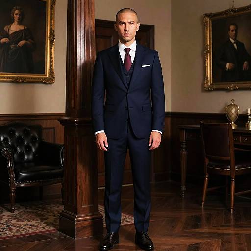 Photograph of a bald, light-skinned man in a dark navy suit, white shirt, and maroon tie, standing in an elegant, wood