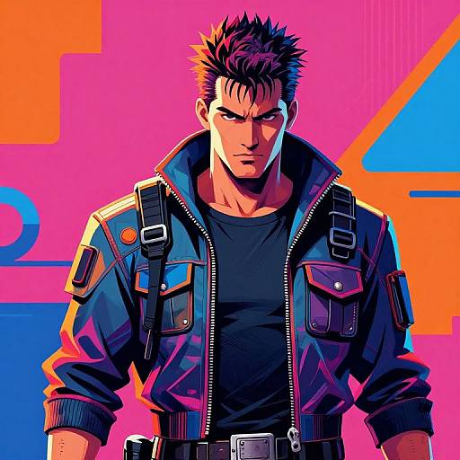 Digital anime-style illustration of a muscular, dark-haired man in a black shirt and blue jacket with straps, against a vibrant pink, orange, and blue