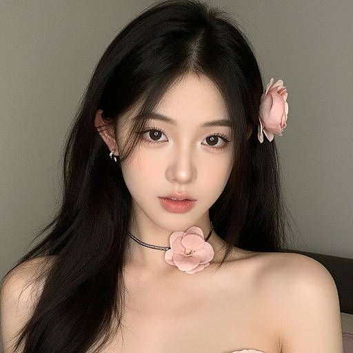 Photograph of a young Asian woman with long black hair, wearing a pink flower in her hair and choker, pale skin, and subtle makeup,