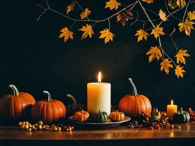 Autumn Candle and Pumpkin Decor Wallpaper