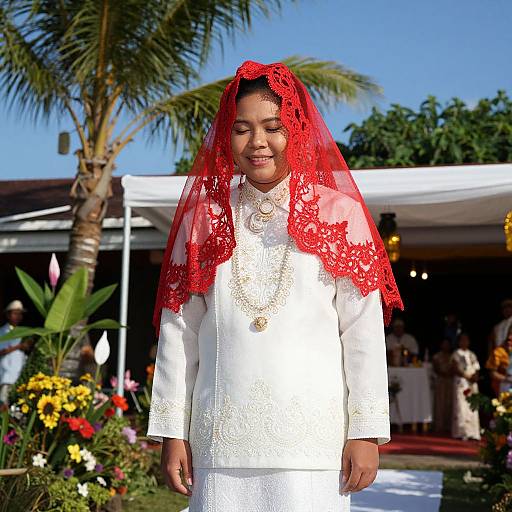 Photograph of a smiling South Asian bride in a white traditional outfit with a red lace veil, standing outdoors in a garden with palm trees and a white