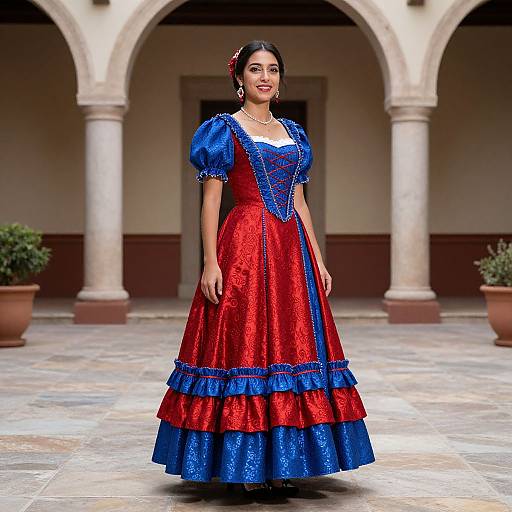 Photograph of a smiling woman with dark hair, wearing a vibrant red and blue traditional dress with puffed sleeves, standing in an arched, tiled