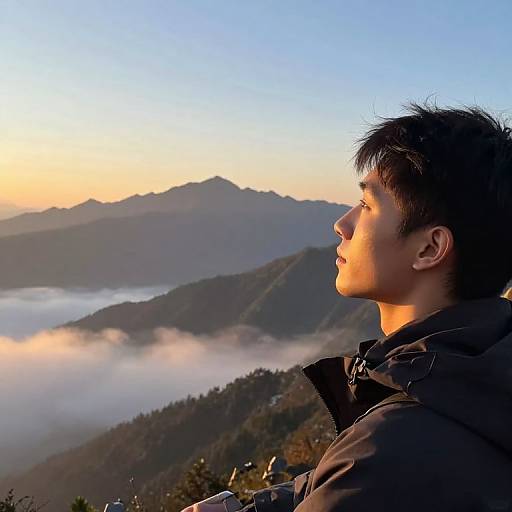 Photograph of an Asian man with short black hair, wearing a dark jacket, gazing at a misty mountain sunrise.