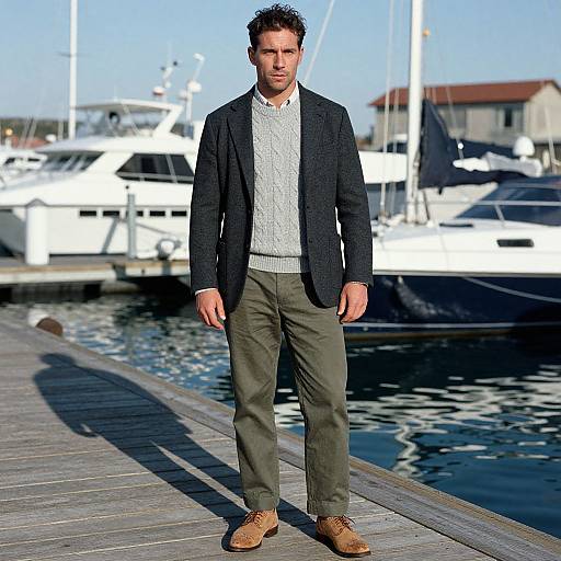 Photograph of a man with short dark hair, wearing a black blazer, white patterned shirt, green pants, and brown shoes, standing on