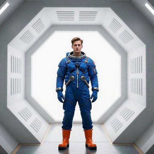 Astronaut in Blue Suit in Futuristic Corridor