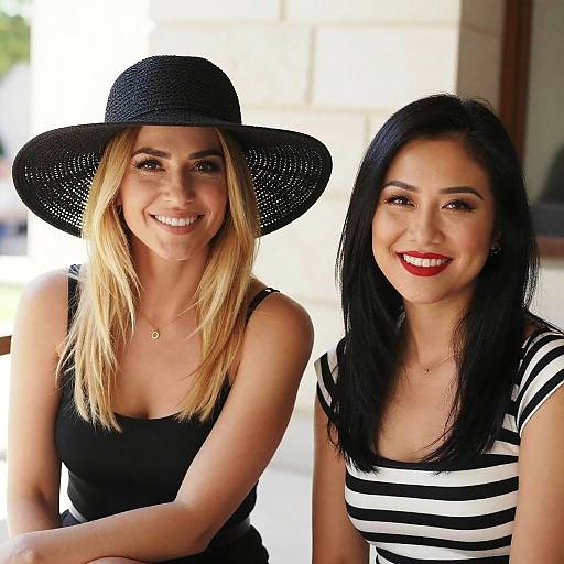 Photograph of two smiling women, one with blonde hair in a black hat and sleeveless top, the other with black hair, red lipstick, and