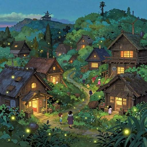 Whimsical anime-style illustration of a glowing, wooden village at dusk, with fairy lights, warm windows, and people walking through lush greenery.