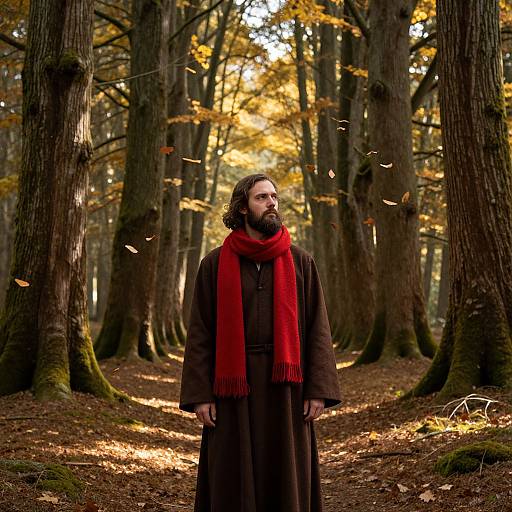 Bearded Man in Ancient Autumn Forest