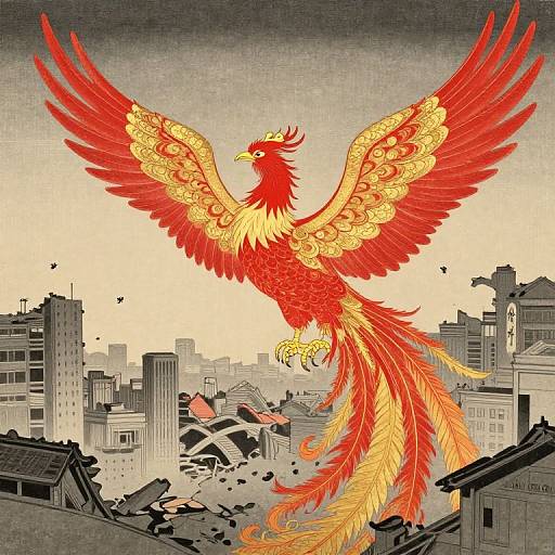 Vibrant red and yellow phoenix with intricate patterns soaring over a grey, crumbling cityscape, creating a dramatic contrast between the fiery bird and the des