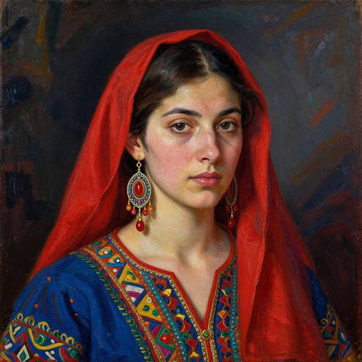 Painted portrait of a young Middle Eastern woman with fair skin, dark hair, wearing a red veil, blue embroidered dress, and red earrings, set
