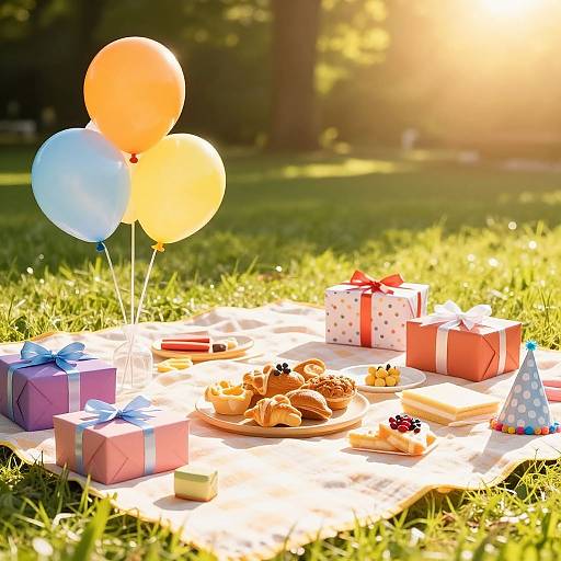 Photograph: Sunlit picnic in a grassy park with colorful balloons, wrapped gifts, a small cone hat, pastries, and a blanket.
