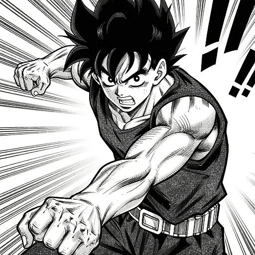 Dynamic black-and-white manga drawing of a muscular, spiky-haired male warrior in a sleeveless shirt, fists clenched, intense expression, bold lines