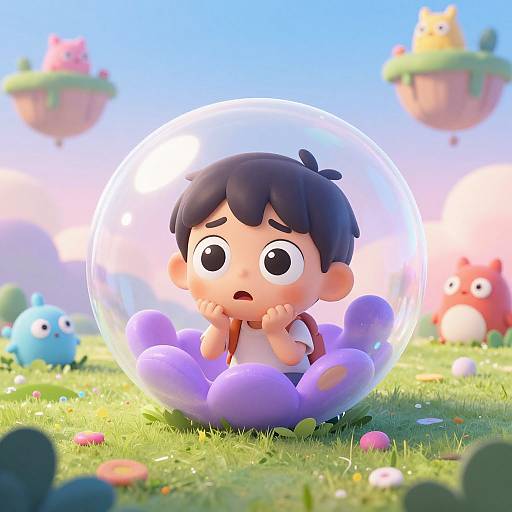 Digital illustration of a surprised, dark-haired boy with big eyes, inside a transparent bubble, surrounded by colorful, cartoonish plants and animals in a vibrant
