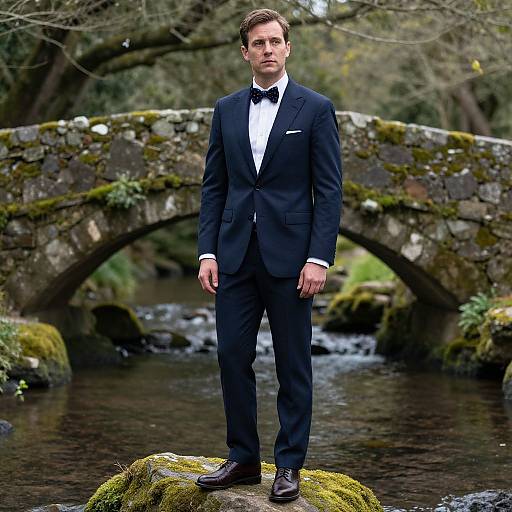 Photograph of a handsome man in a black tuxedo with bow tie, standing on mossy rock, in front of a mossy stone bridge